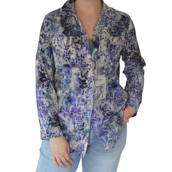 Chicos Divine Damask Athens Shirt Style Size 1 Women's Medium Roll Tab Sleeves - Picture 3 of 10